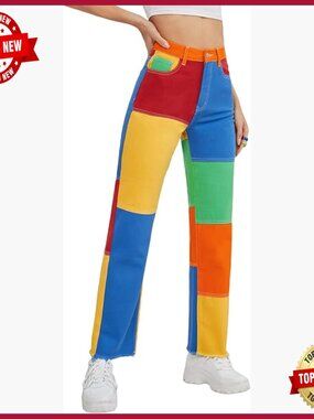 High Waisted Straight Leg Denim Jeans with Raw Hem and Color Block Design
